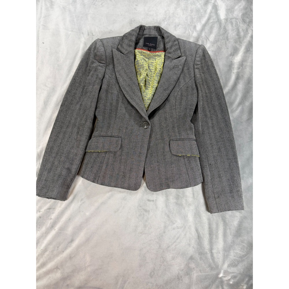 Ted Baker Fitted Wool Blend Tailored Herringbone Jacket Academia Size 1 US XS
